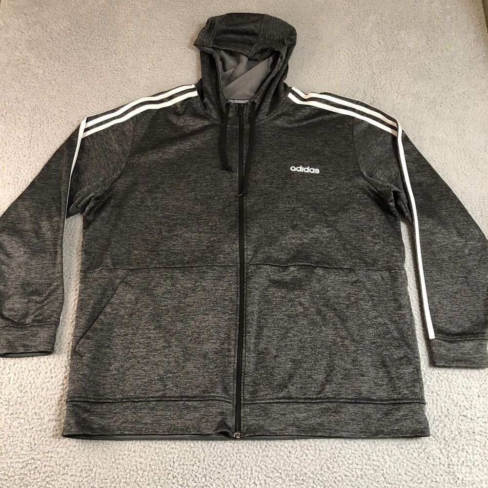 Adidas Hoodie Mens XXL Gray Full Zip 3 Strip Climawarm Athleisure Logo Active